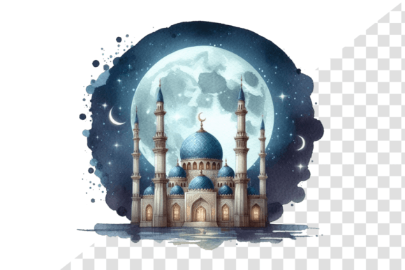 Download Eid Night Sky Mosque Serene Watercolor - Premium Bundle